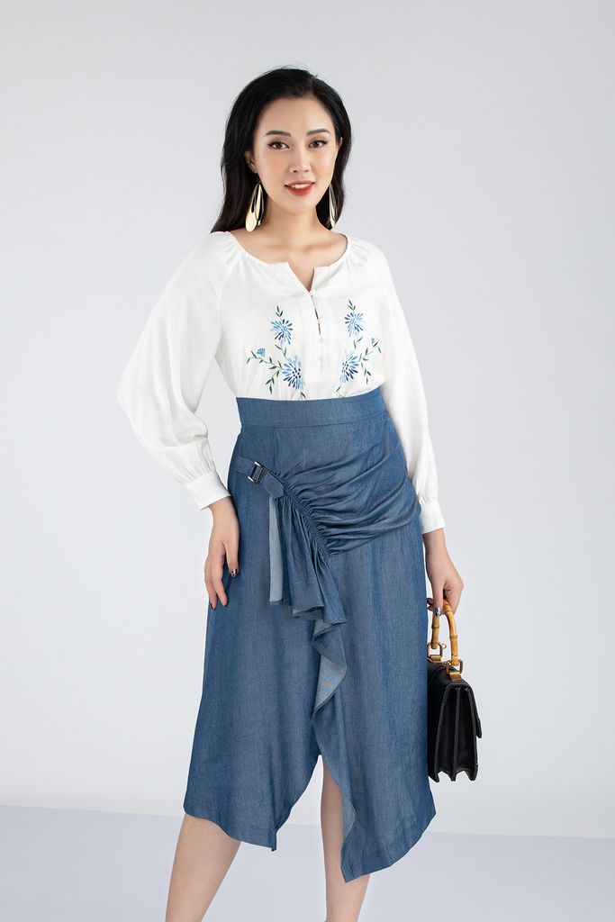 Áo sơ mi chât liệu thô mỏng khuy măng séc tay xếp ly bồng FAS73082 - PANTIO