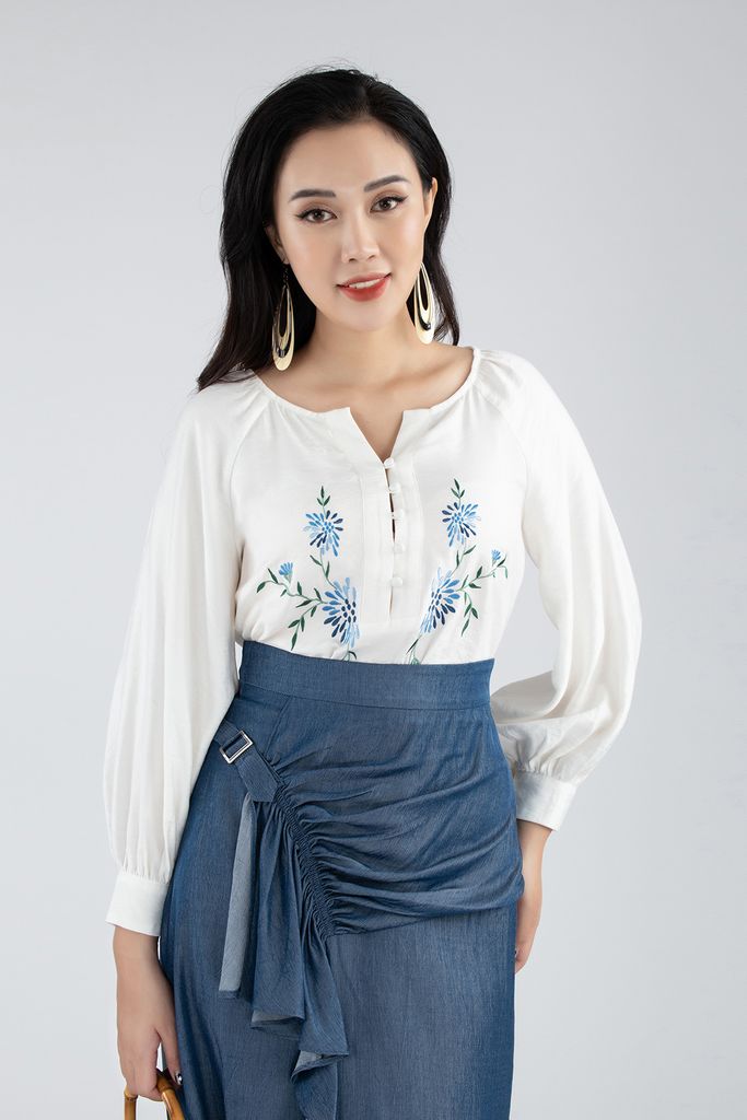 Áo sơ mi chât liệu thô mỏng khuy măng séc tay xếp ly bồng FAS73082 - PANTIO