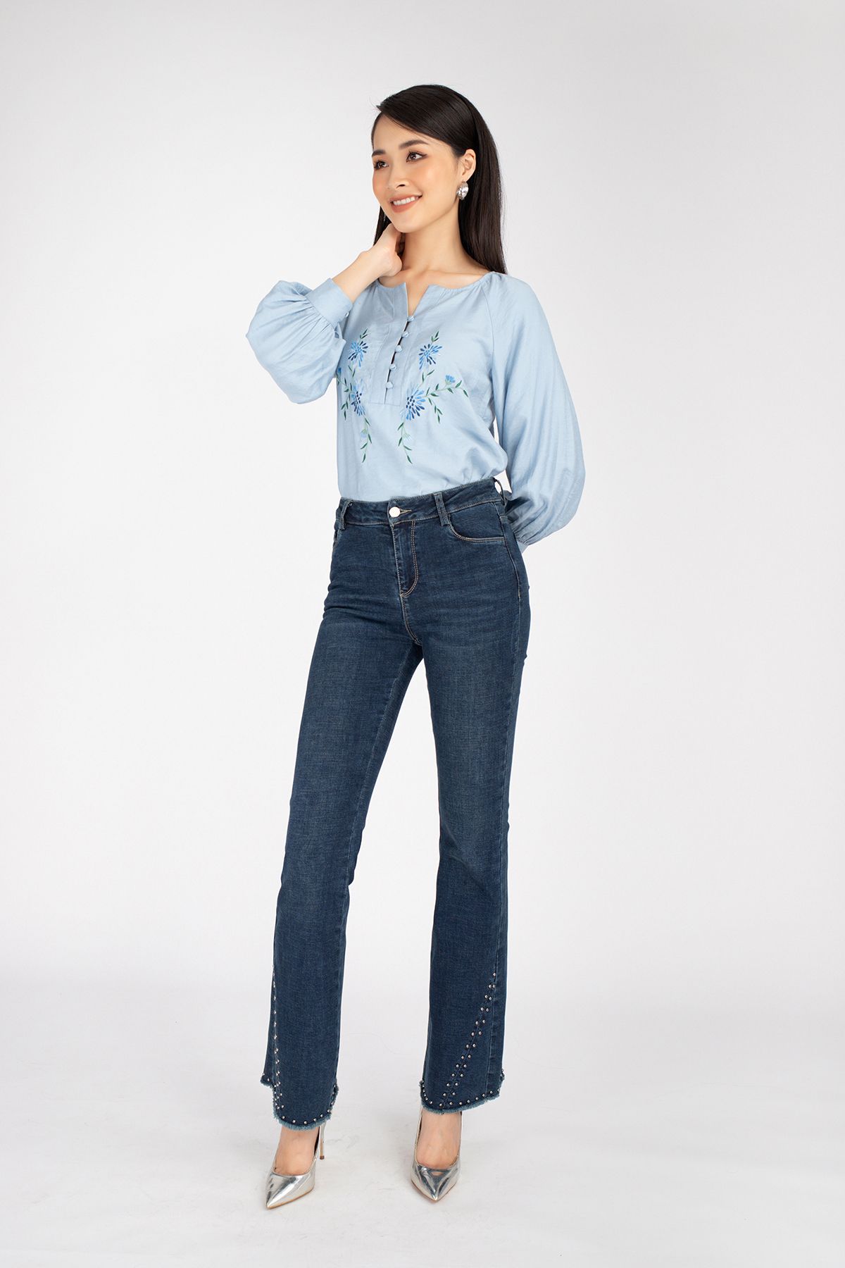 Áo sơ mi chât liệu thô mỏng khuy măng séc tay xếp ly bồng FAS73082 - PANTIO