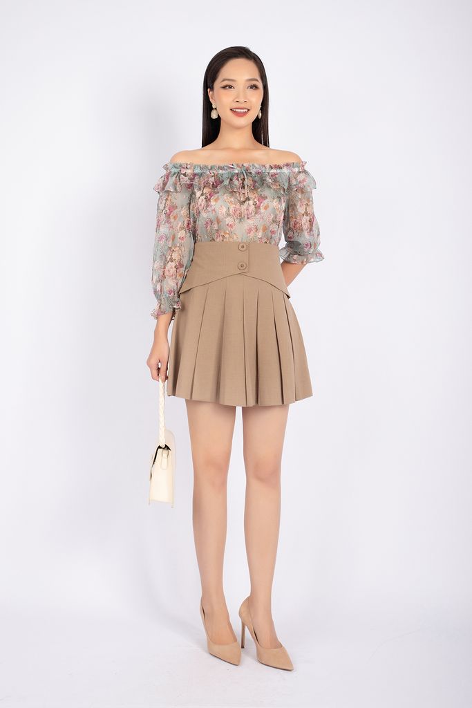 FAS73248 - Áo kiểu công sở vải voan dáng suông cạp bo chun vai trễ xếp bèo - PANTIO