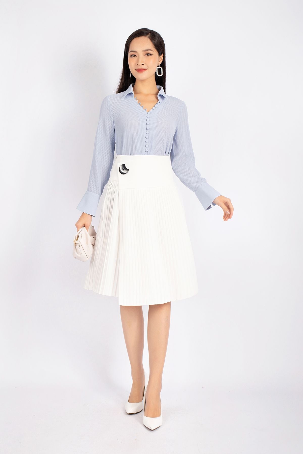 FJD51045 - Chân váy công sở vải thô dáng Xoè cạp liền chân xếp ly phối khuy trang trí khóa thân sau - PANTIO