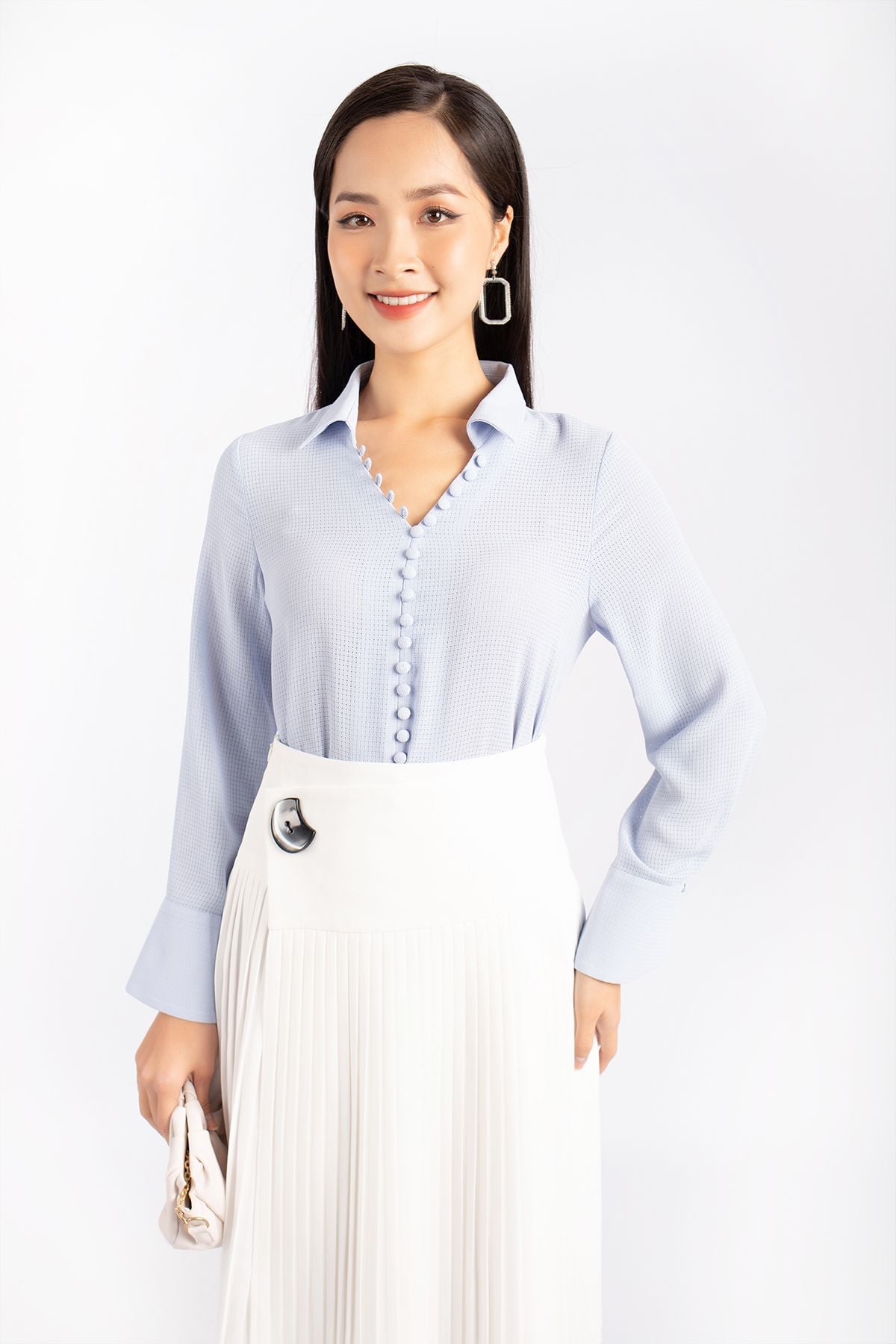 FJD51045 - Chân váy công sở vải thô dáng Xoè cạp liền chân xếp ly phối khuy trang trí khóa thân sau - PANTIO