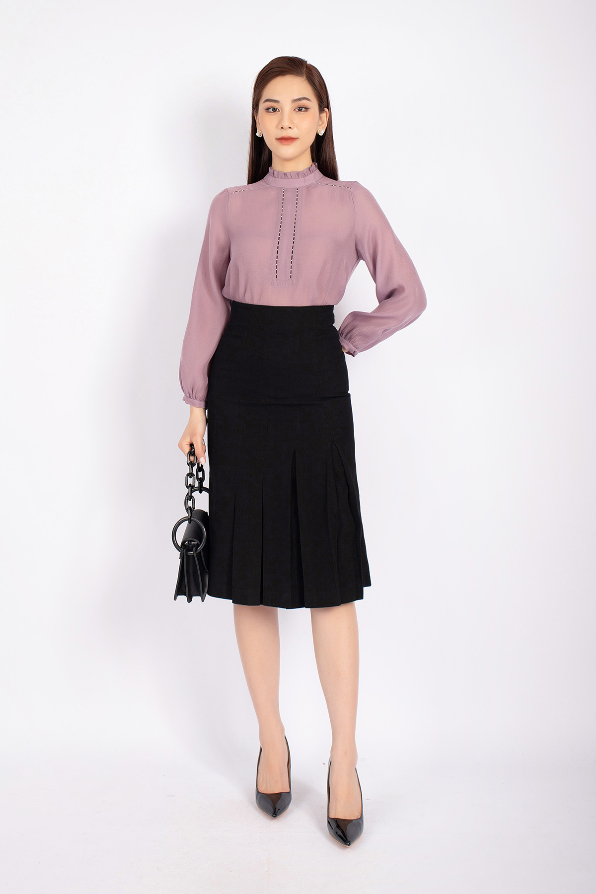 FAS73408 - Áo kiểu công sở vải tơ dáng suông cổ xếp bèo thân phối dây ren tạo kiểu - PANTIO