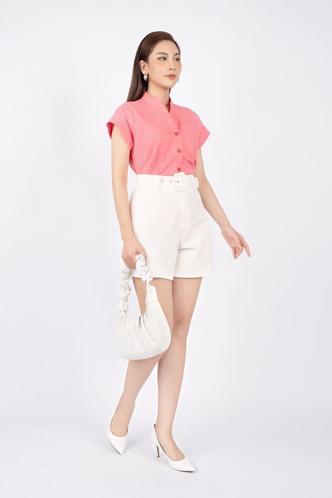 FAS73409 - Áo sơ mi dạo phố vải linen dáng suông cổ tàu tay liền vai chờm - PANTIO