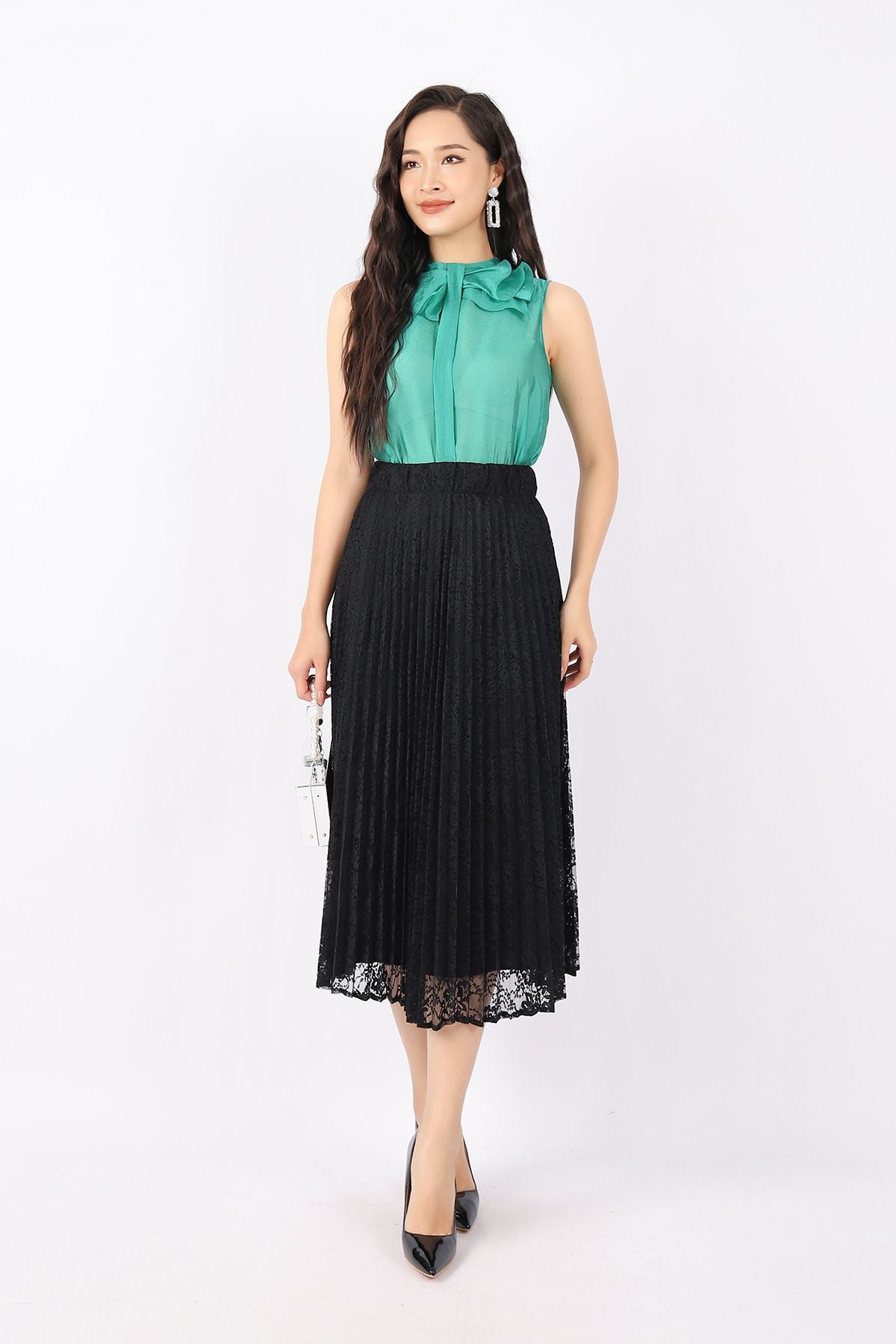 BJD32770 - Chân váy công sở vải ren dáng Xoè cạp chun dài qua gối - PANTIO