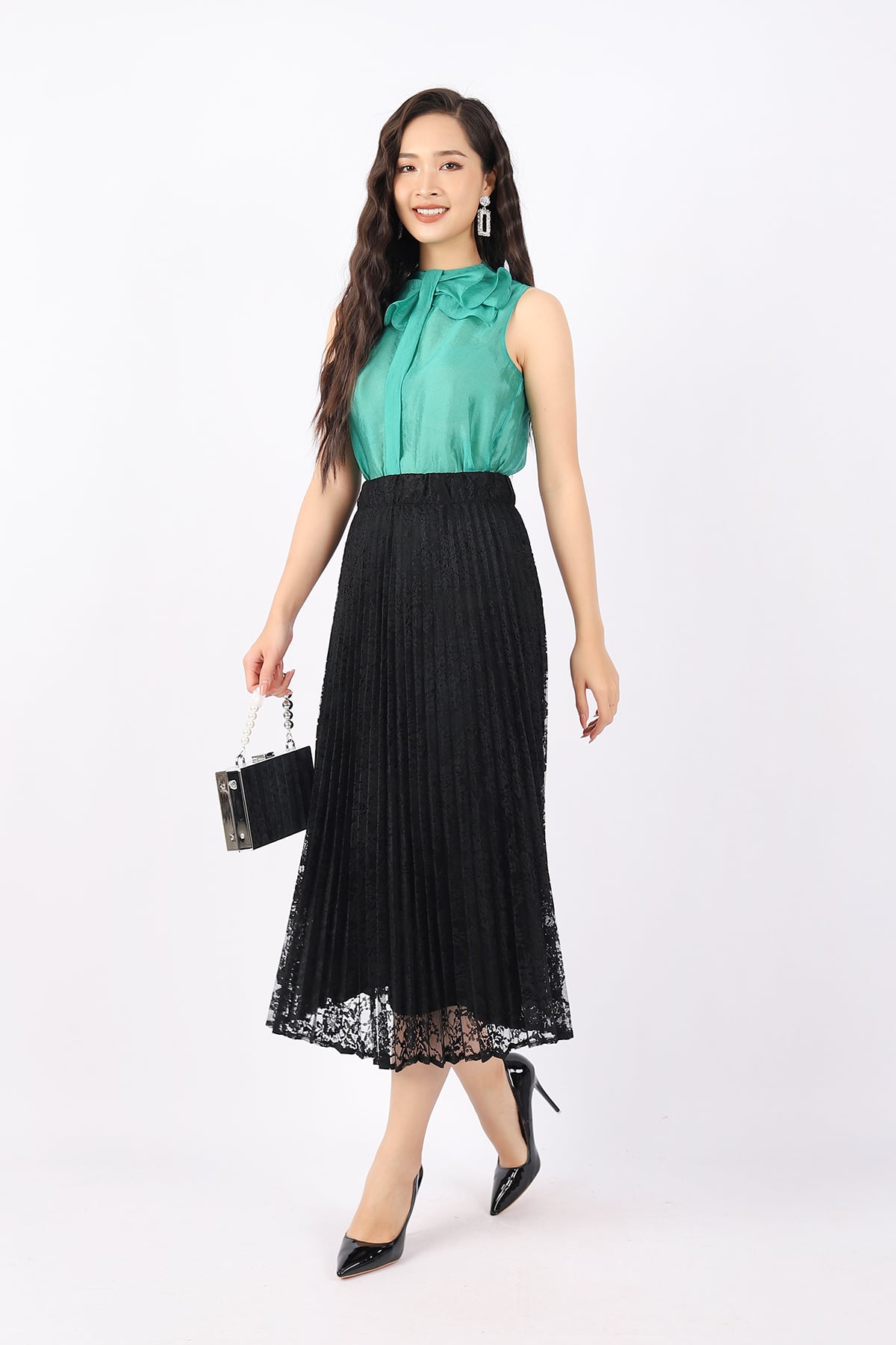 BJD32770 - Chân váy công sở vải ren dáng Xoè cạp chun dài qua gối - PANTIO