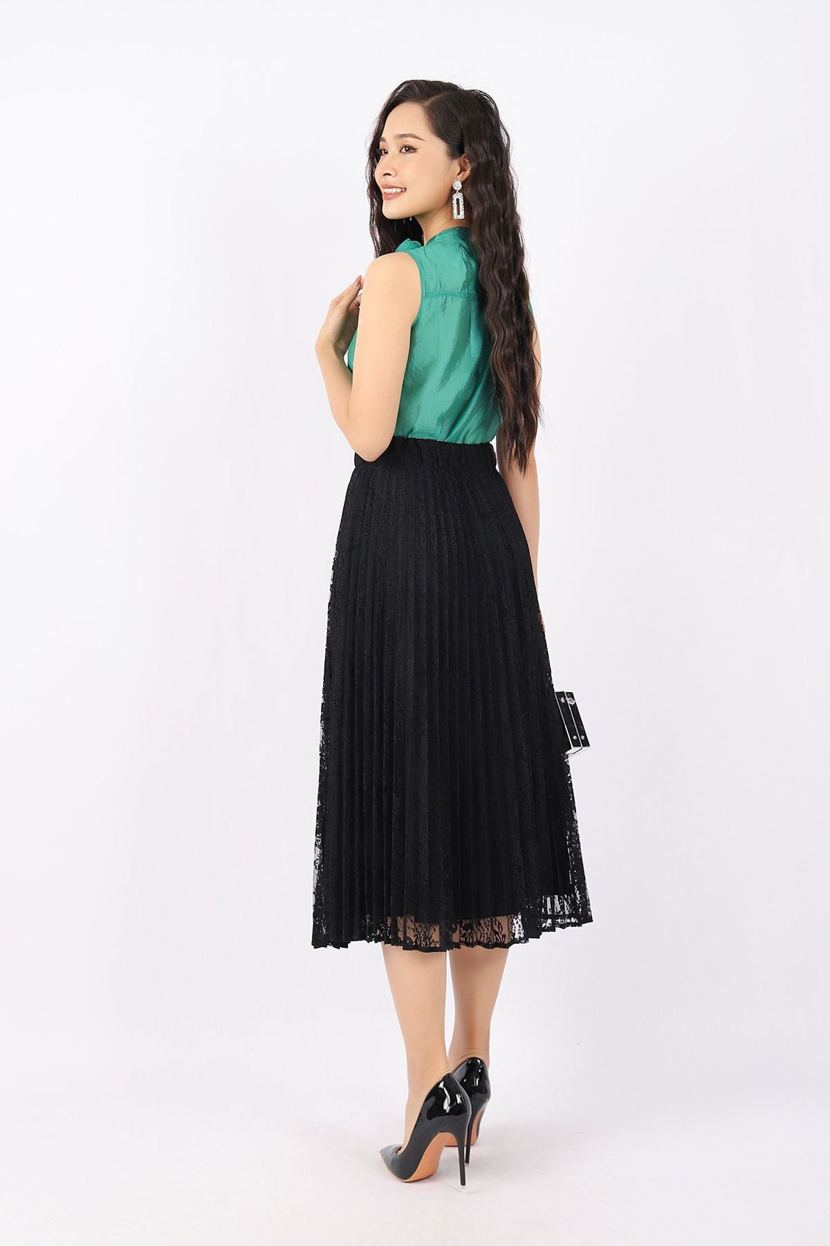 BJD32770 - Chân váy công sở vải ren dáng Xoè cạp chun dài qua gối - PANTIO