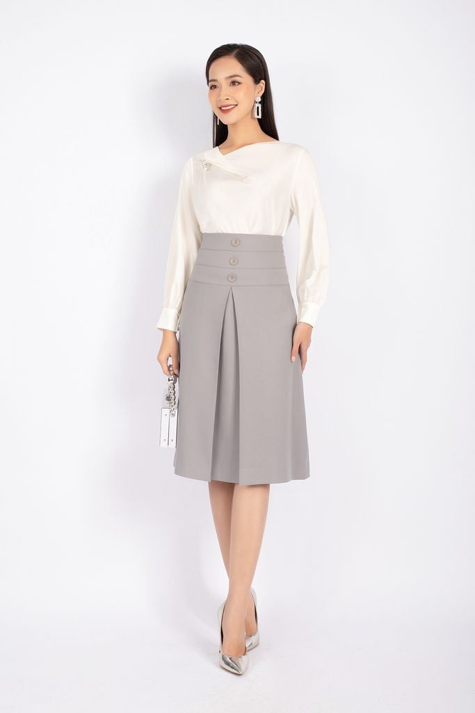 Chân váy midi xếp ly trắng CV04-23 | Thời trang công sở K&K Fashion