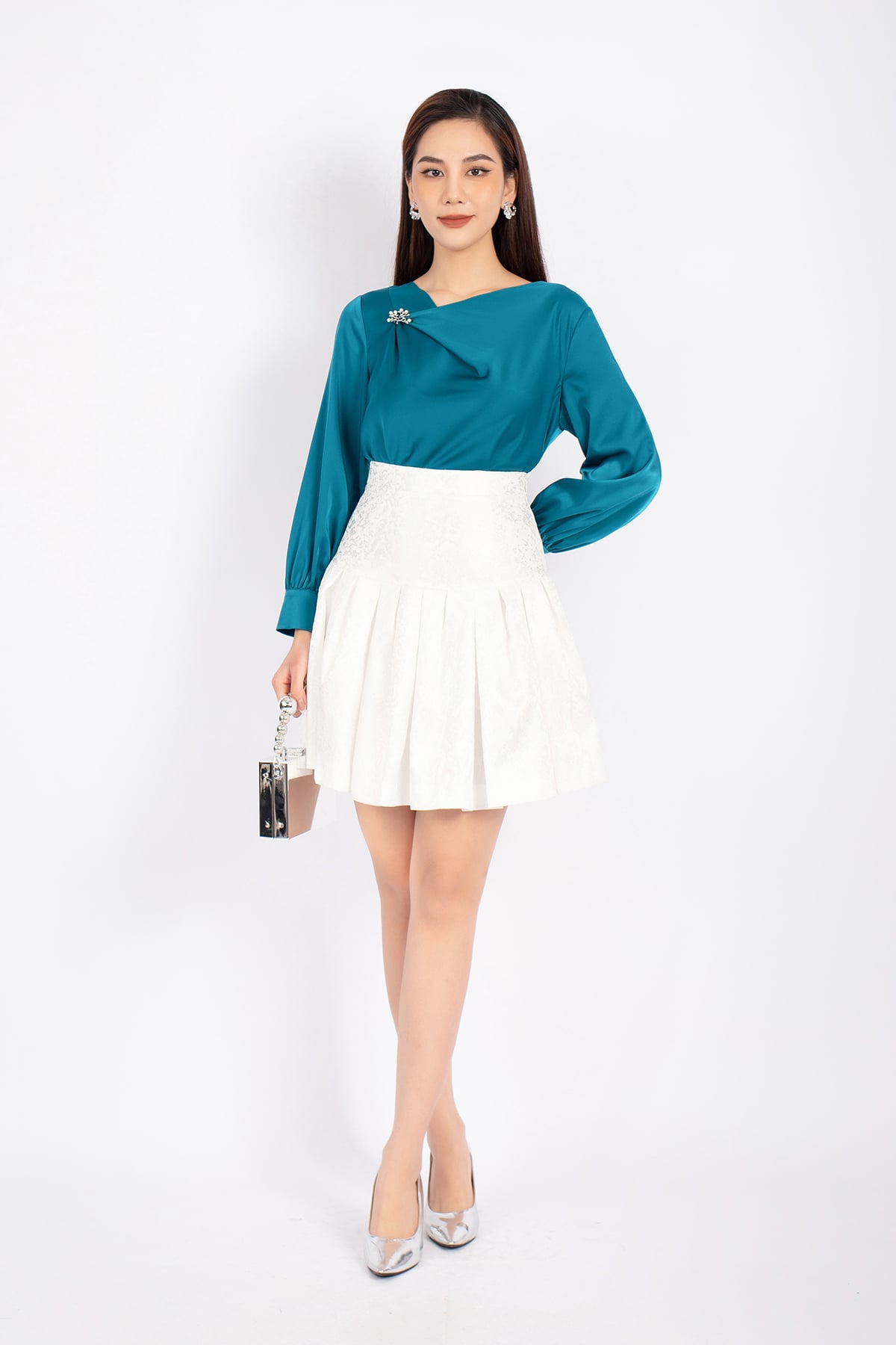 FJN9657 - Chân váy midi vải tafta dáng Xoè xếp nếp khóa thân sau - PANTIO