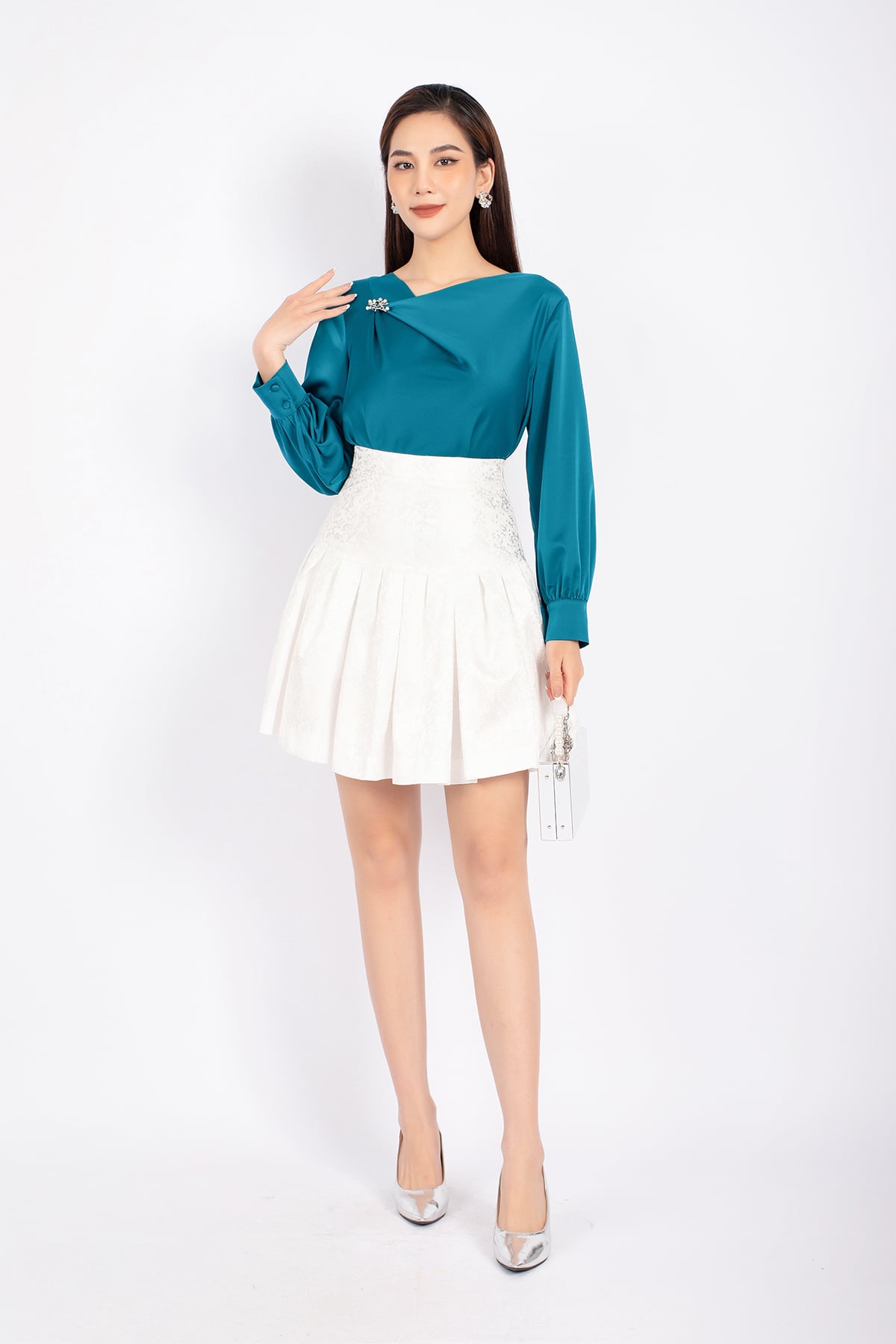 FJN9657 - Chân váy midi vải tafta dáng Xoè xếp nếp khóa thân sau - PANTIO