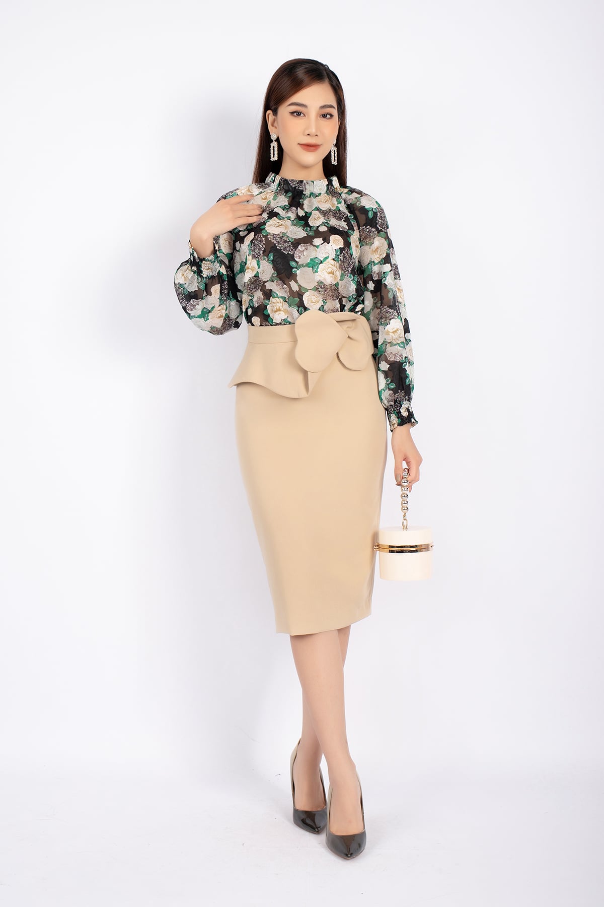 FJD5981 - Chân váy bút chì vải thô dáng ôm dài qua gối tạo hoa 3D trang trí - PANTIO