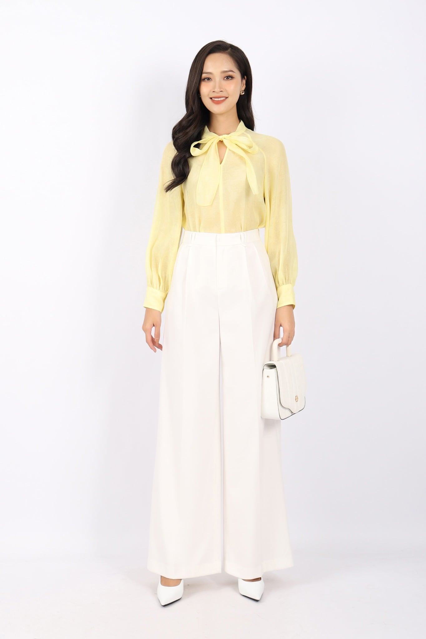 FQD51058 - Quần công sở vải denim dáng suông cạp phối ly bong ống rộng kèm dây đai tạo kiểu - PANTIO