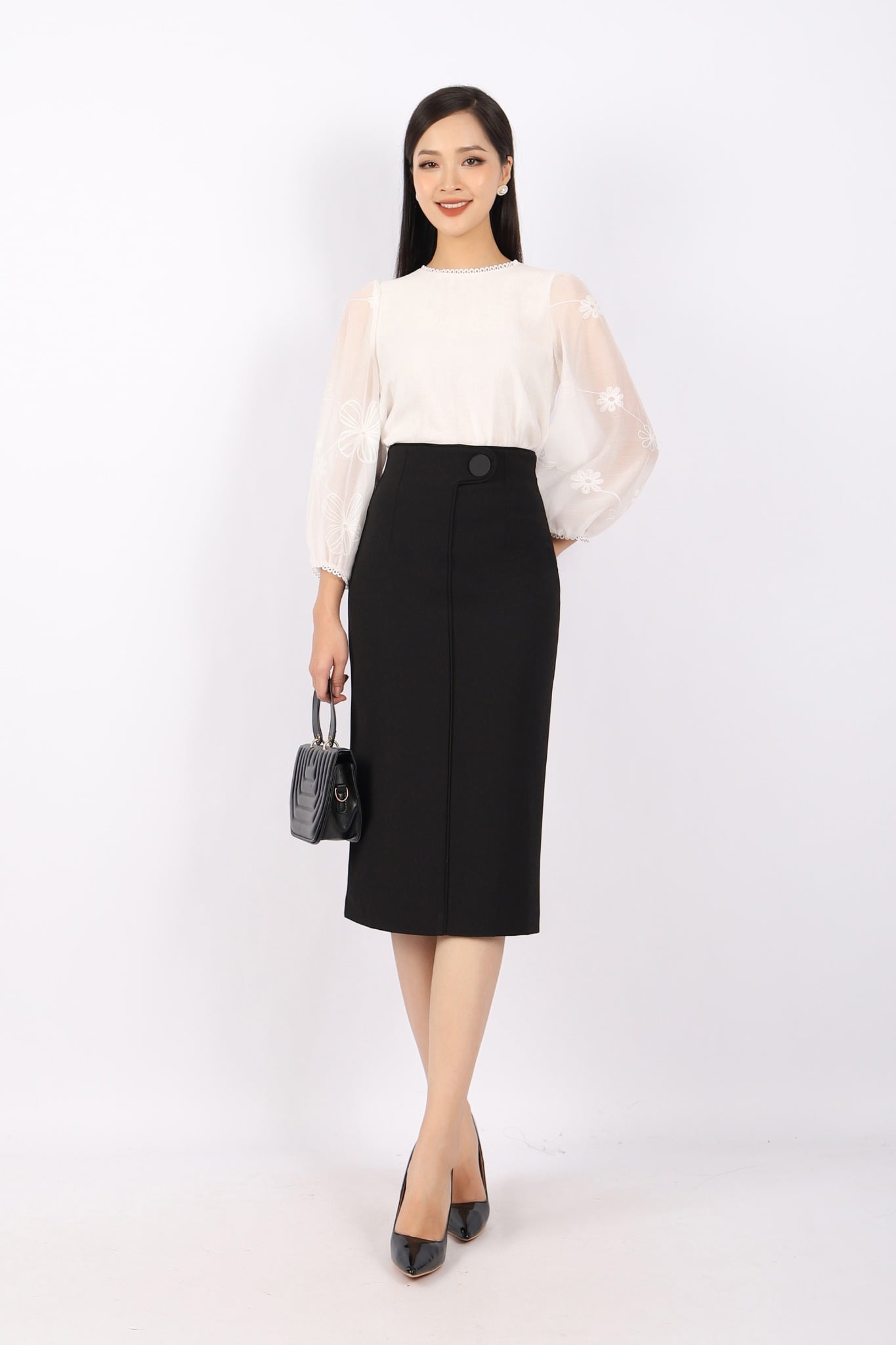 FJD51069 - Chân váy công sở vải thô dáng bút chì cạp liền phối khuy trang trí khóa thân sau - PANTIO