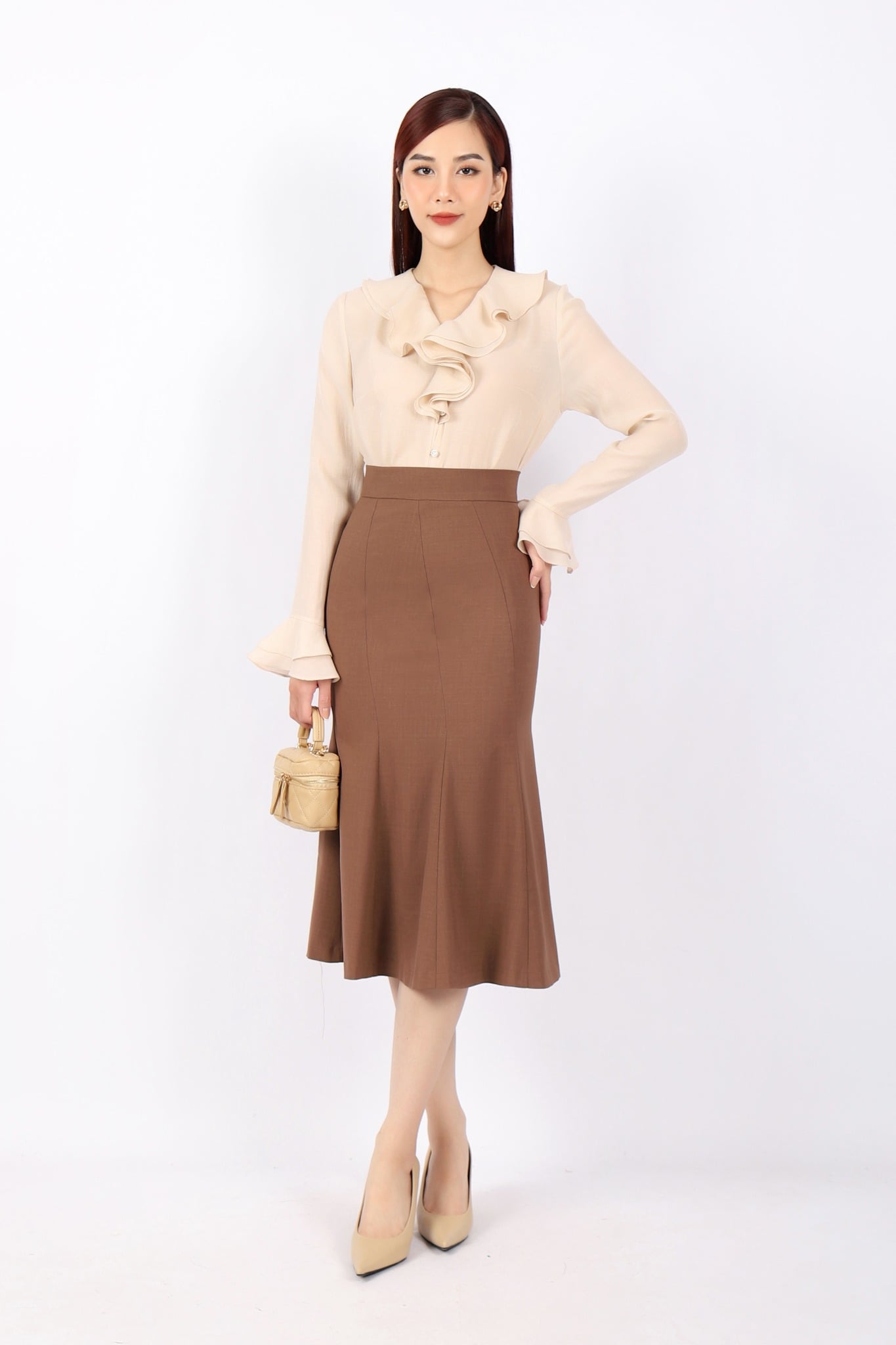 BJD72907 - Chân váy công sở vải thô dáng bút chì Xoè đuôi cá thân bổ nối các đường trang trí khóa thân sau - PANTIO