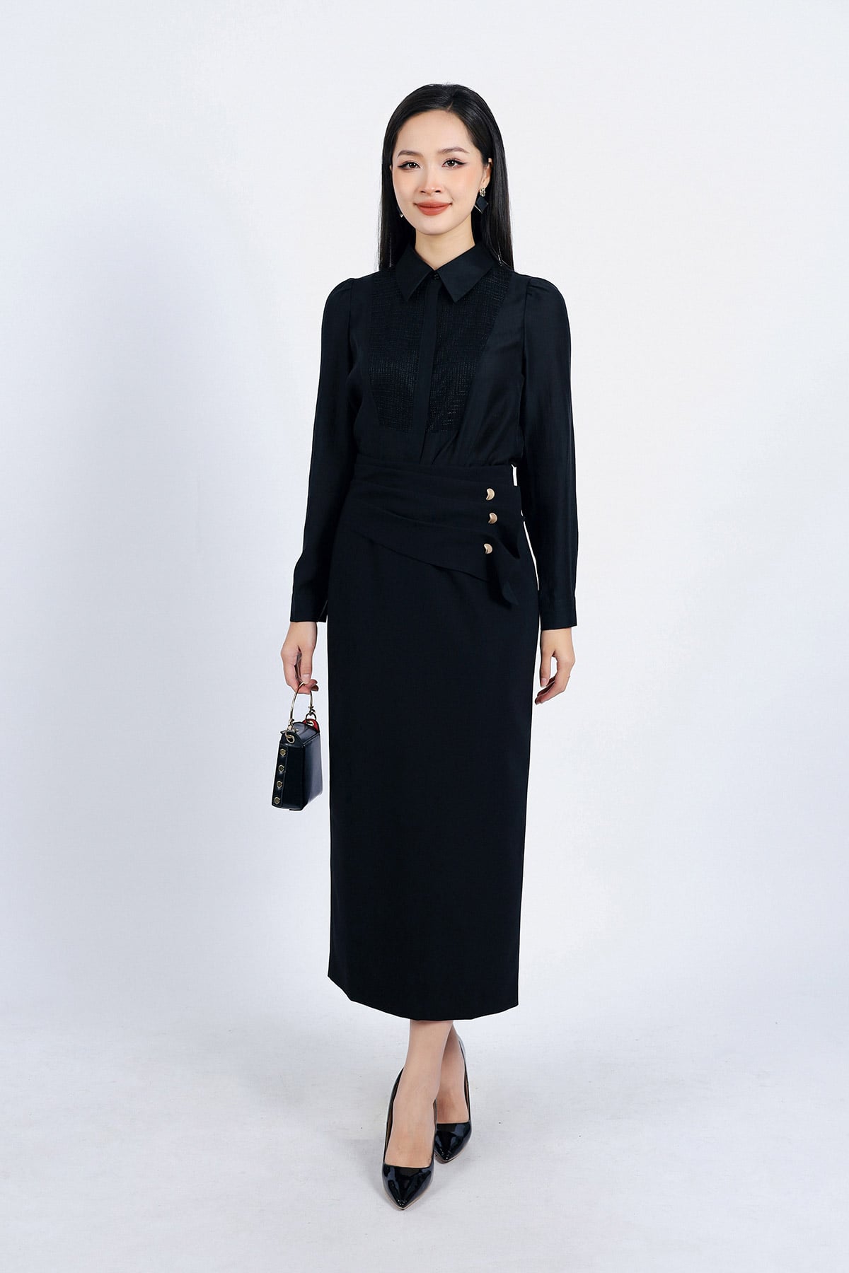 FAS73792 - Áo sơ mi công sở vải tơ dáng suông cổ đức tay dài thân áo phối ren lưới tạo kiểu cài khuy thân trước - PANTIO