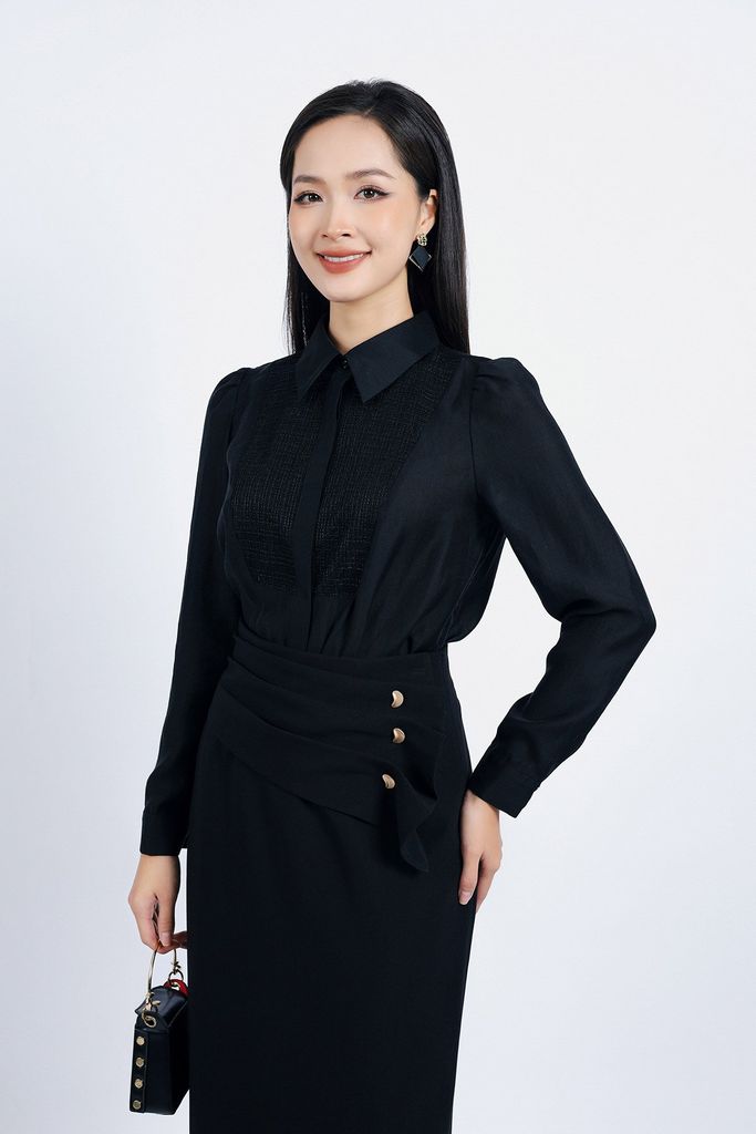 FJD51206 - Chân váy công sở vải tuytsi dáng suông dài thân váy phối vạt nhún đính khuy kim loại trang trí - PANTIO