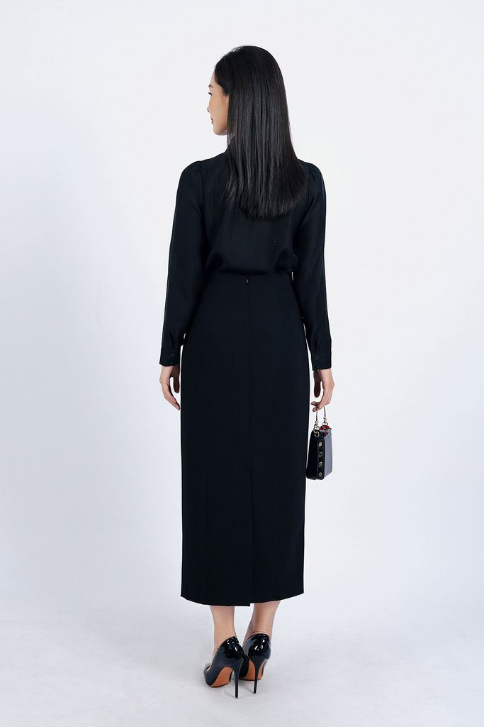 FJD51206 - Chân váy công sở vải tuytsi dáng suông dài thân váy phối vạt nhún đính khuy kim loại trang trí - PANTIO