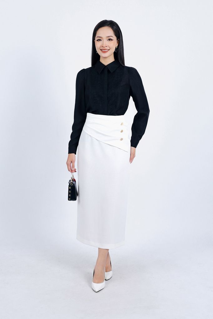 FJD51206 - Chân váy công sở vải tuytsi dáng suông dài thân váy phối vạt nhún đính khuy kim loại trang trí - PANTIO