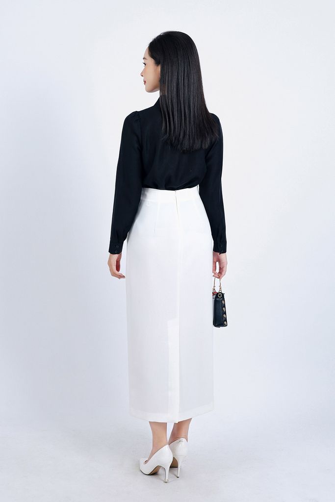 FJD51206 - Chân váy công sở vải tuytsi dáng suông dài thân váy phối vạt nhún đính khuy kim loại trang trí - PANTIO