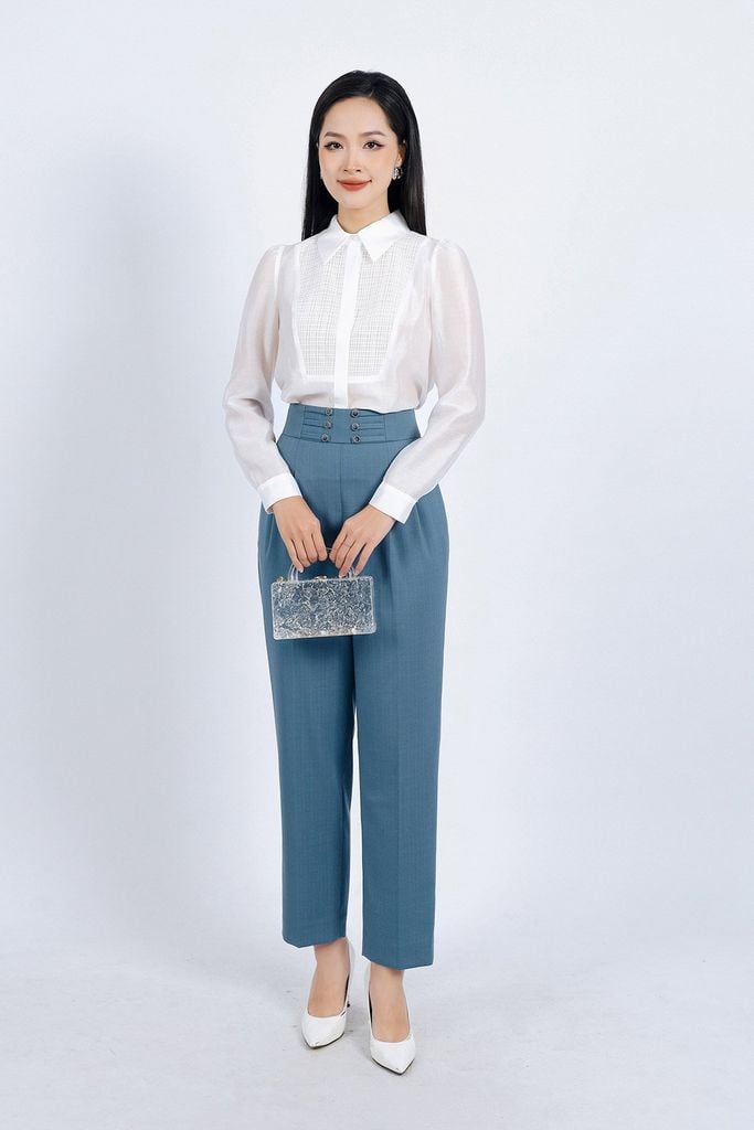 FQD51112 - Quần công sở vải thô đũi dáng Baggy cạp cao đính khuy trang trí thân quần phối ly bong tạo kiểu - PANTIO