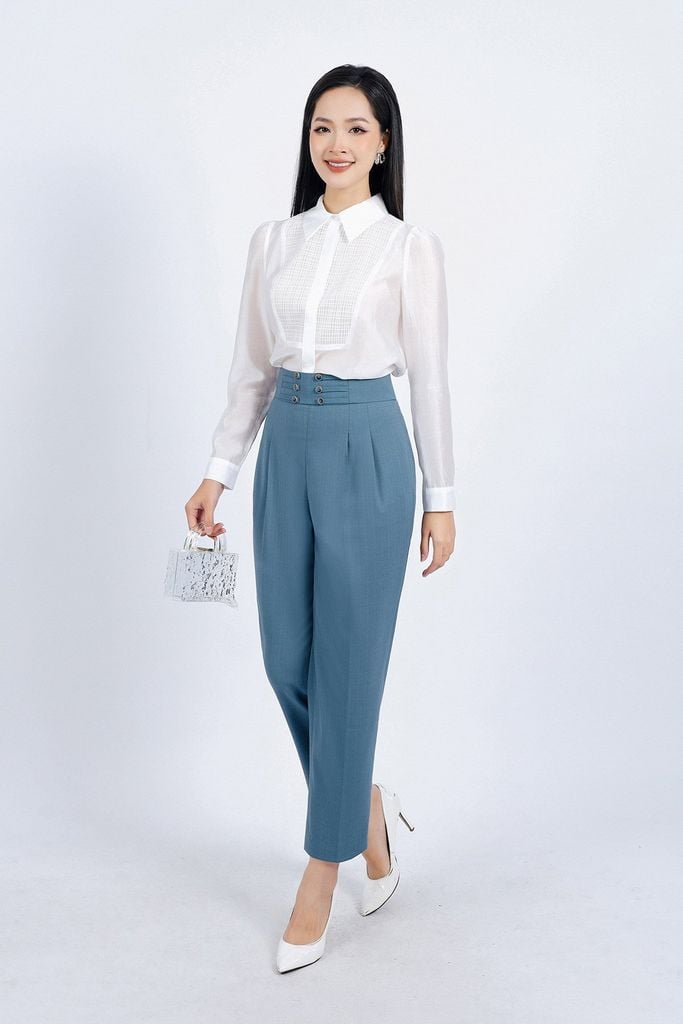 FQD51112 - Quần công sở vải thô đũi dáng Baggy cạp cao đính khuy trang trí thân quần phối ly bong tạo kiểu - PANTIO