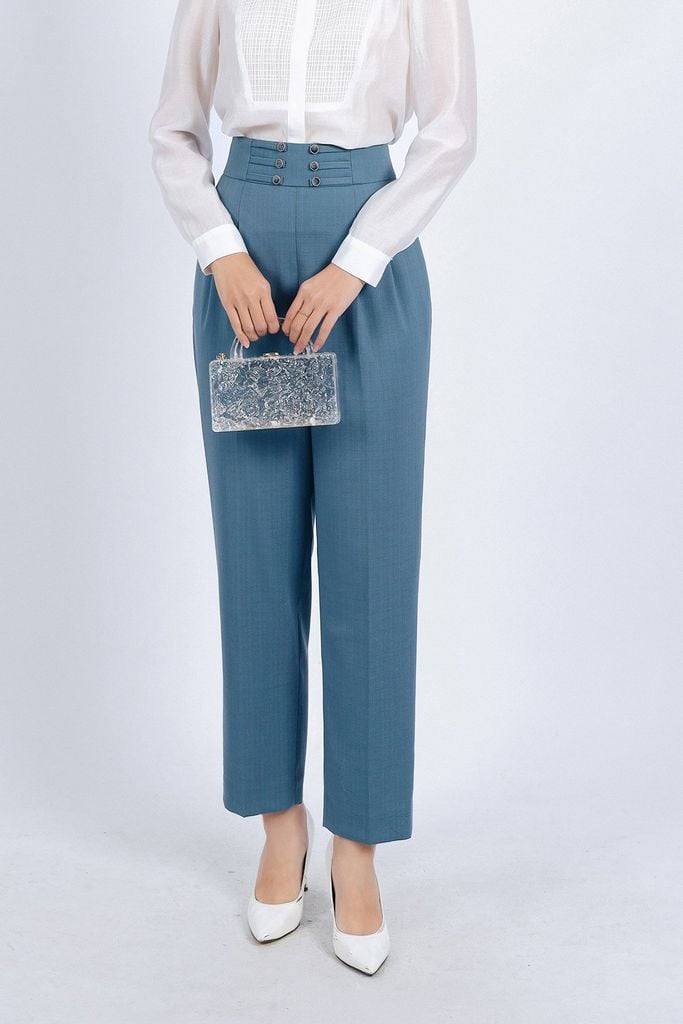 FQD51112 - Quần công sở vải thô đũi dáng Baggy cạp cao đính khuy trang trí thân quần phối ly bong tạo kiểu - PANTIO