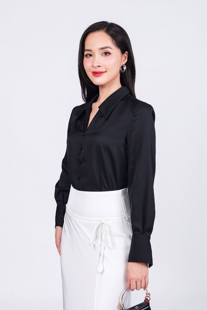 FJD91257 - Chân váy dài công sở vải lụa dày dáng suông eo phối cạp bản to đính dây nơ tạo kiểu - PANTIO