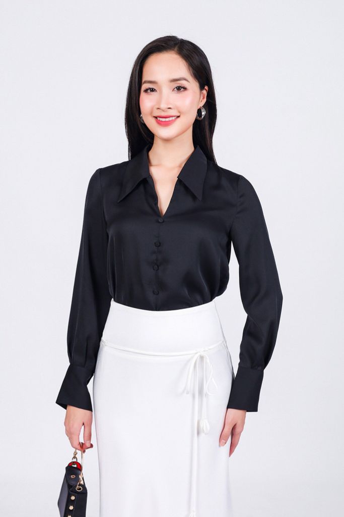 FJD91257 - Chân váy dài công sở vải lụa dày dáng suông eo phối cạp bản to đính dây nơ tạo kiểu - PANTIO