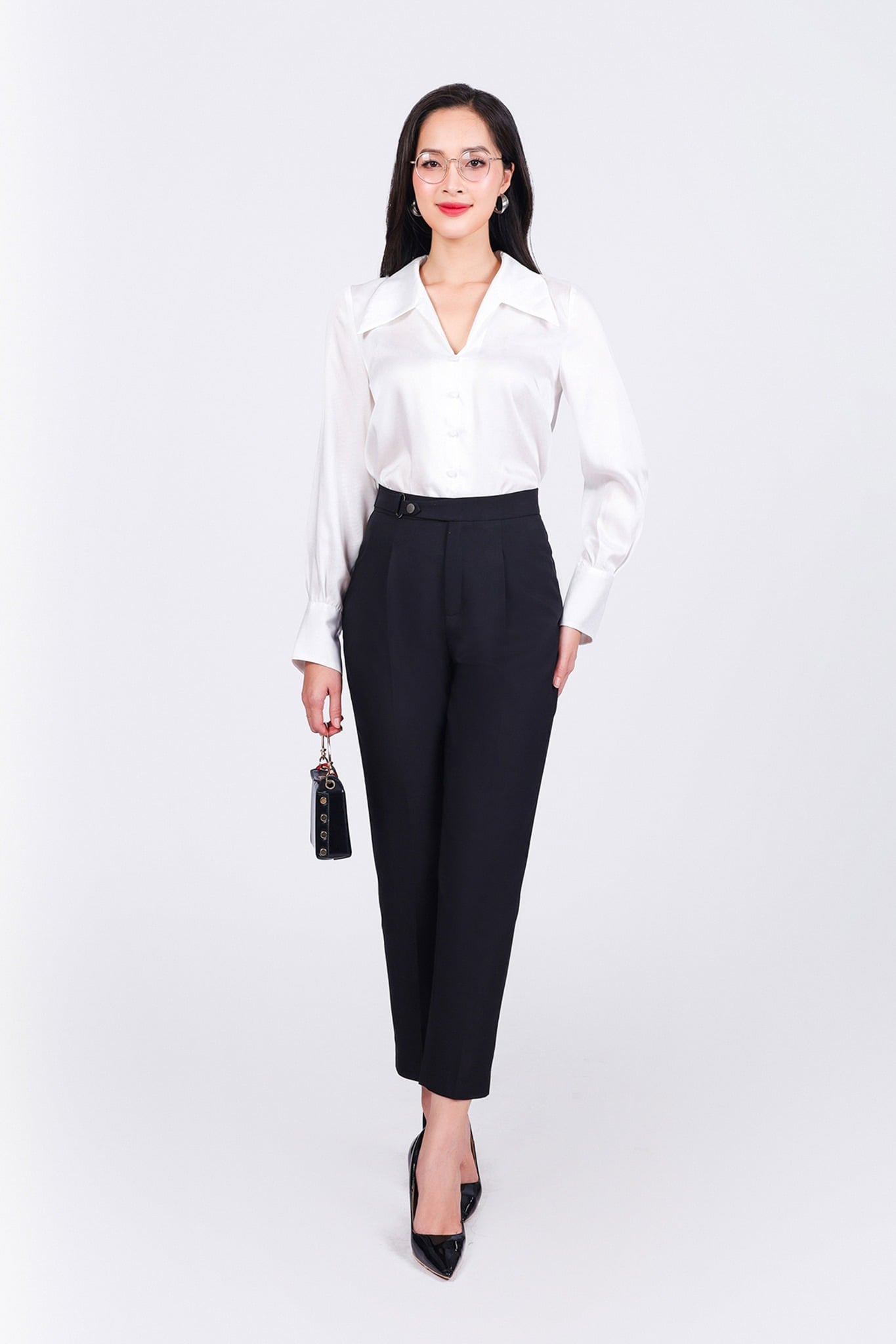 FQD51126 - Quần dài công sở vải tuytsi dáng baggy cạp phối kim loại trang trí - PANTIO