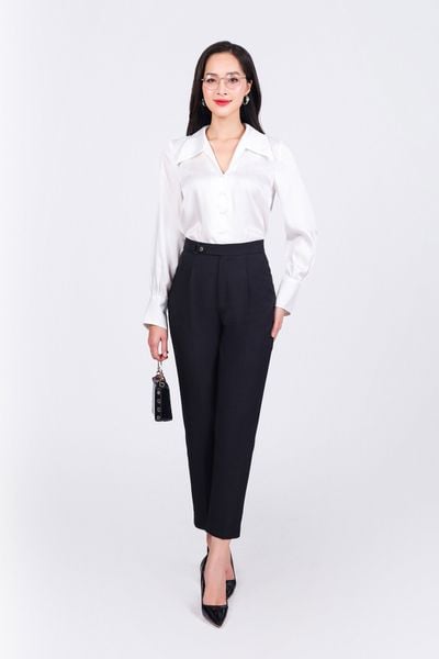 FQD51126 - Quần dài công sở vải tuyp xy dáng baggy cạp phối kim loại trang trí - PANTIO