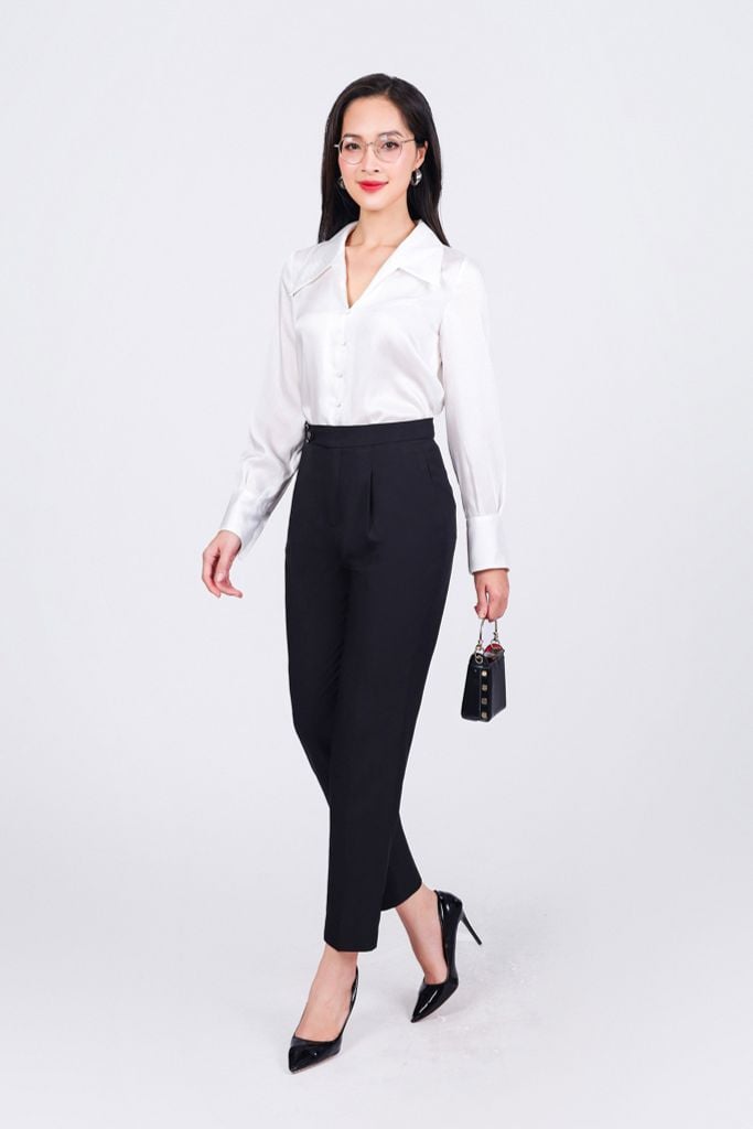 FQD51126 - Quần dài công sở vải tuytsi dáng baggy cạp phối kim loại trang trí - PANTIO