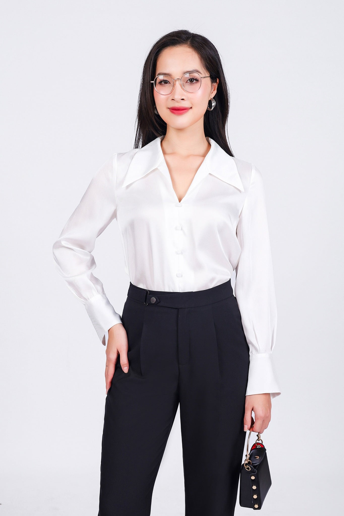 FQD51126 - Quần dài công sở vải tuytsi dáng baggy cạp phối kim loại trang trí - PANTIO