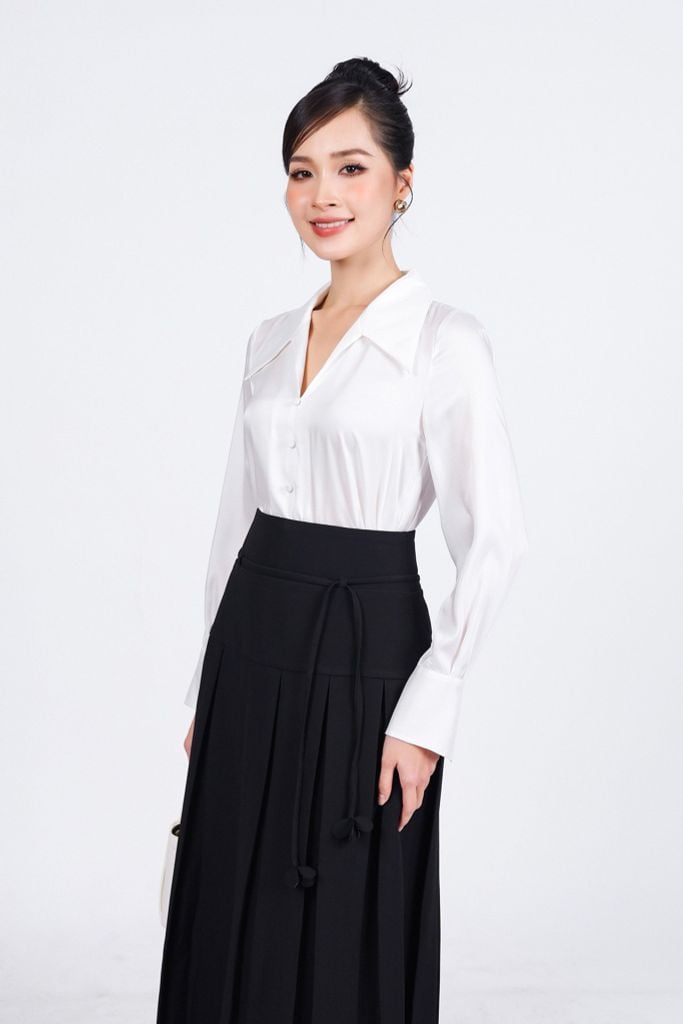 FJD91237 - Chân váy dài công sở vải thô cạp cao phối dây thắt eo thân váy xếp ly xòe tạo kiểu - PANTIO