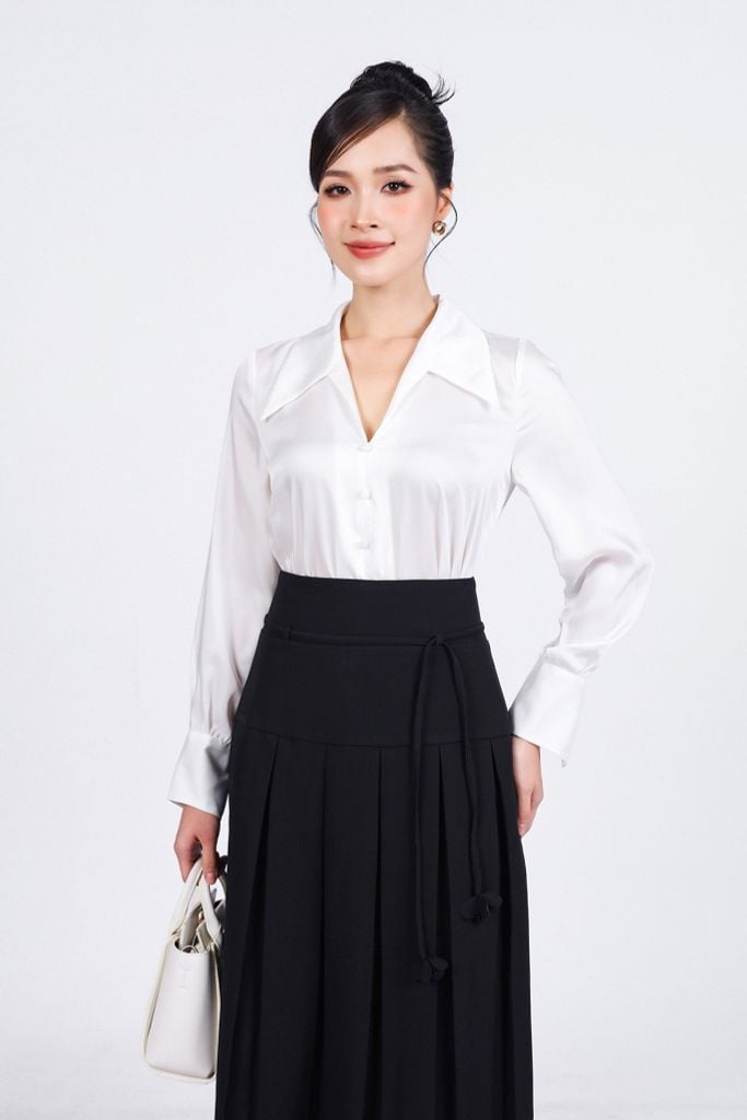 FJD91237 - Chân váy dài công sở vải thô cạp cao phối dây thắt eo thân váy xếp ly xòe tạo kiểu - PANTIO
