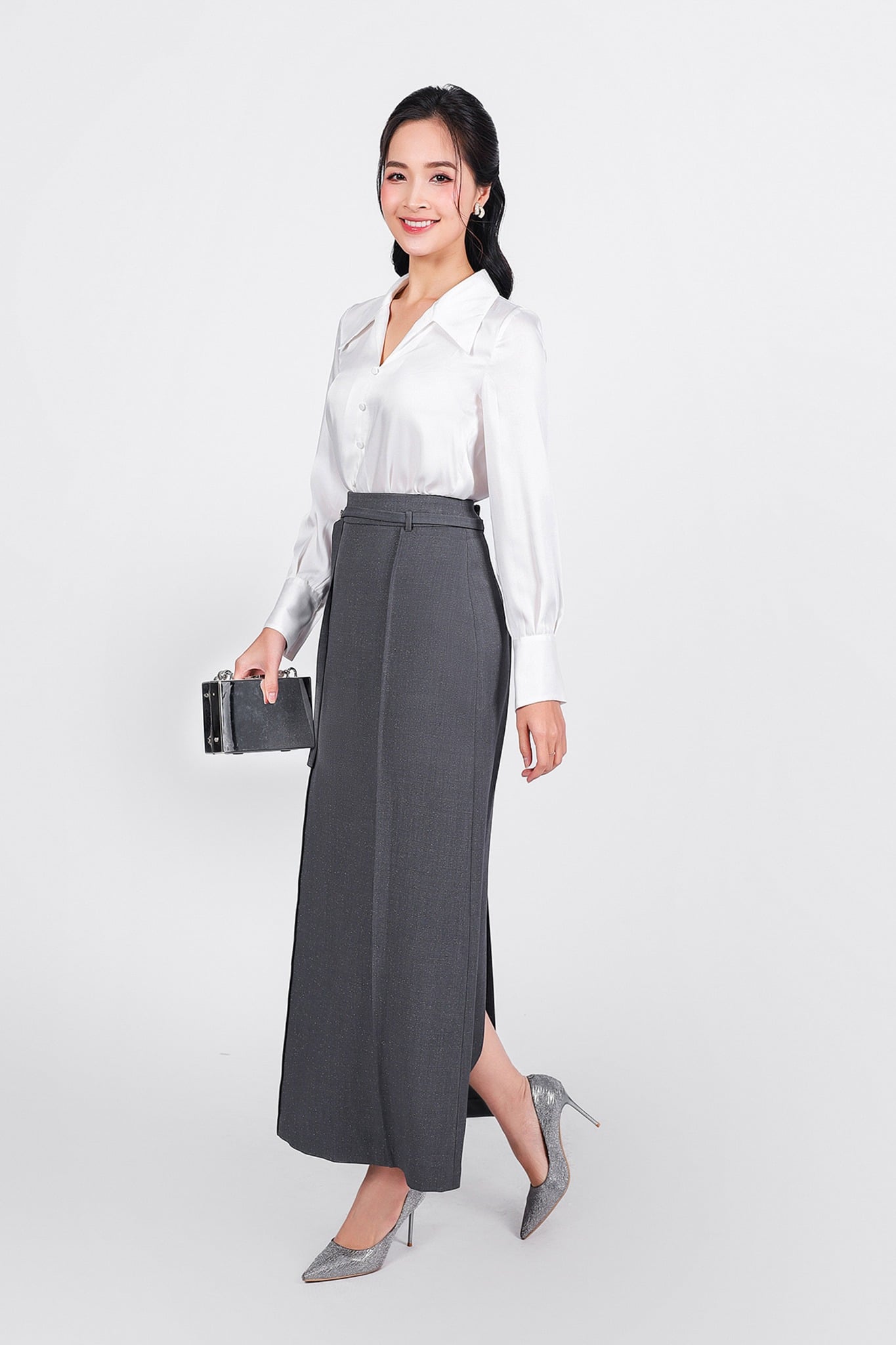 FJD91240 - Chân váy công sở vải thô dày dáng suông cạp phối dây đính đá cao cấp xẻ tà sau - PANTIO