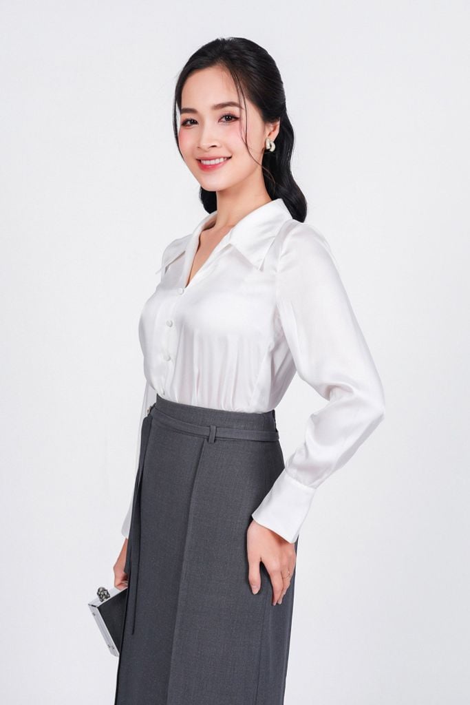 FJD91240 - Chân váy công sở vải thô dày dáng suông cạp phối dây đính đá cao cấp xẻ tà sau - PANTIO
