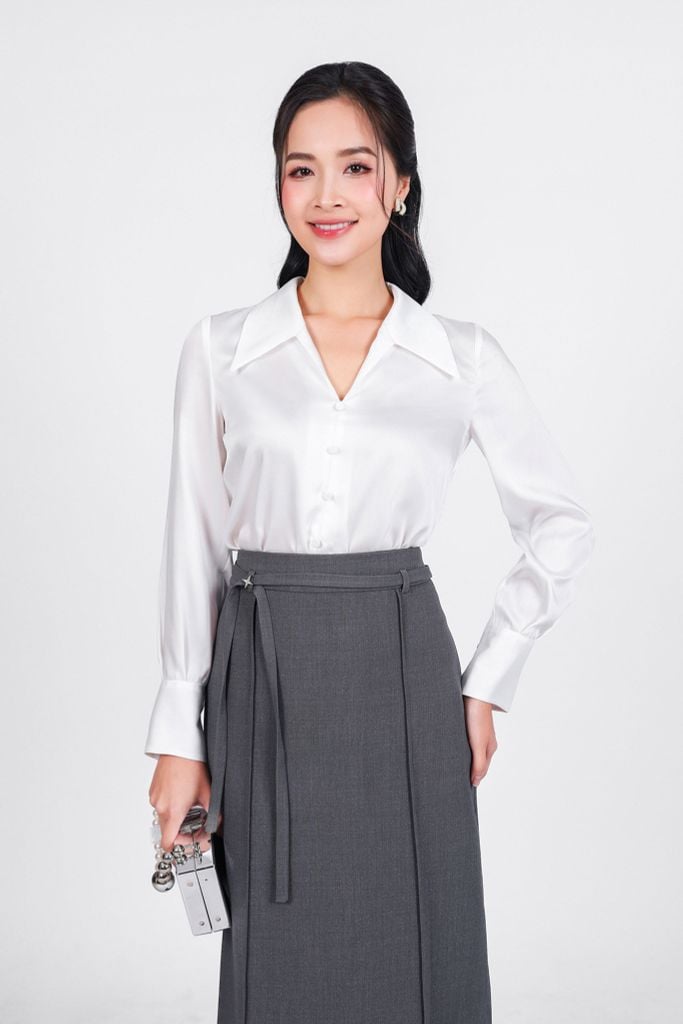 FJD91240 - Chân váy công sở vải thô dày dáng suông cạp phối dây đính đá cao cấp xẻ tà sau - PANTIO
