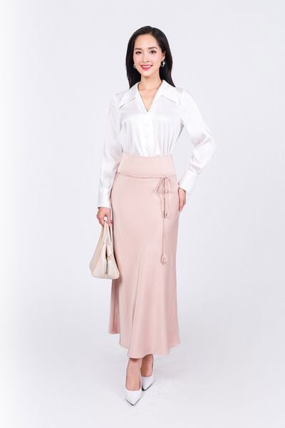 FJD91257 - Chân váy dài công sở vải lụa dày dáng suông eo phối cạp bản to đính dây nơ tạo kiểu - PANTIO
