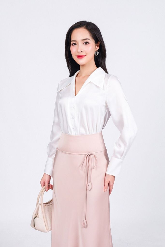 FJD91257 - Chân váy dài công sở vải lụa dày dáng suông eo phối cạp bản to đính dây nơ tạo kiểu - PANTIO
