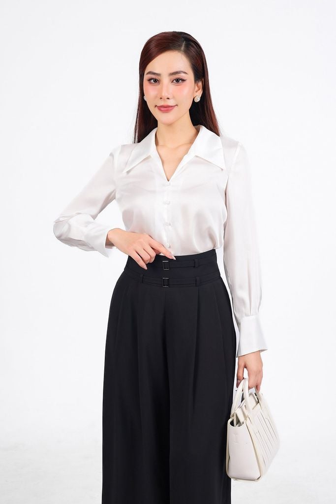 FQD51133 - Quần dài công sở vải tuyp xy dáng suông ống rộng cạp cao phối kim loại - PANTIO