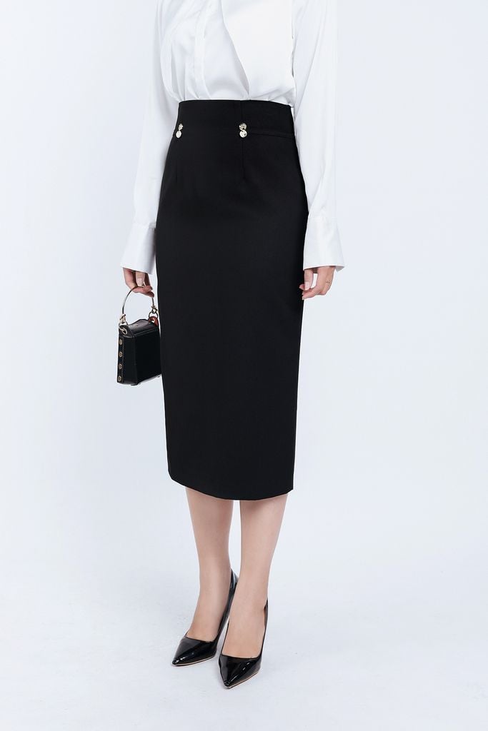 FJD51188 - Chân váy công sở vải thô dáng bút chì thân đính khuy kim loại trang trí khoá thân sau - PANTIO