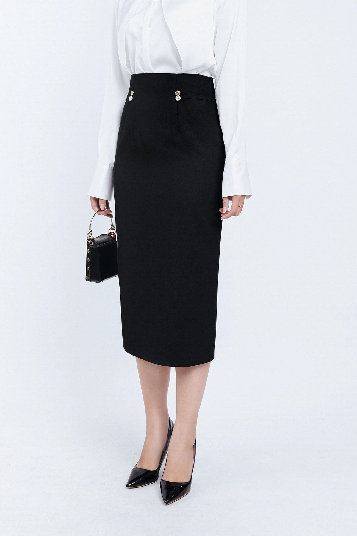 FJD51188 - Chân váy công sở vải thô dáng bút chì thân đính khuy kim loại trang trí khoá thân sau - PANTIO