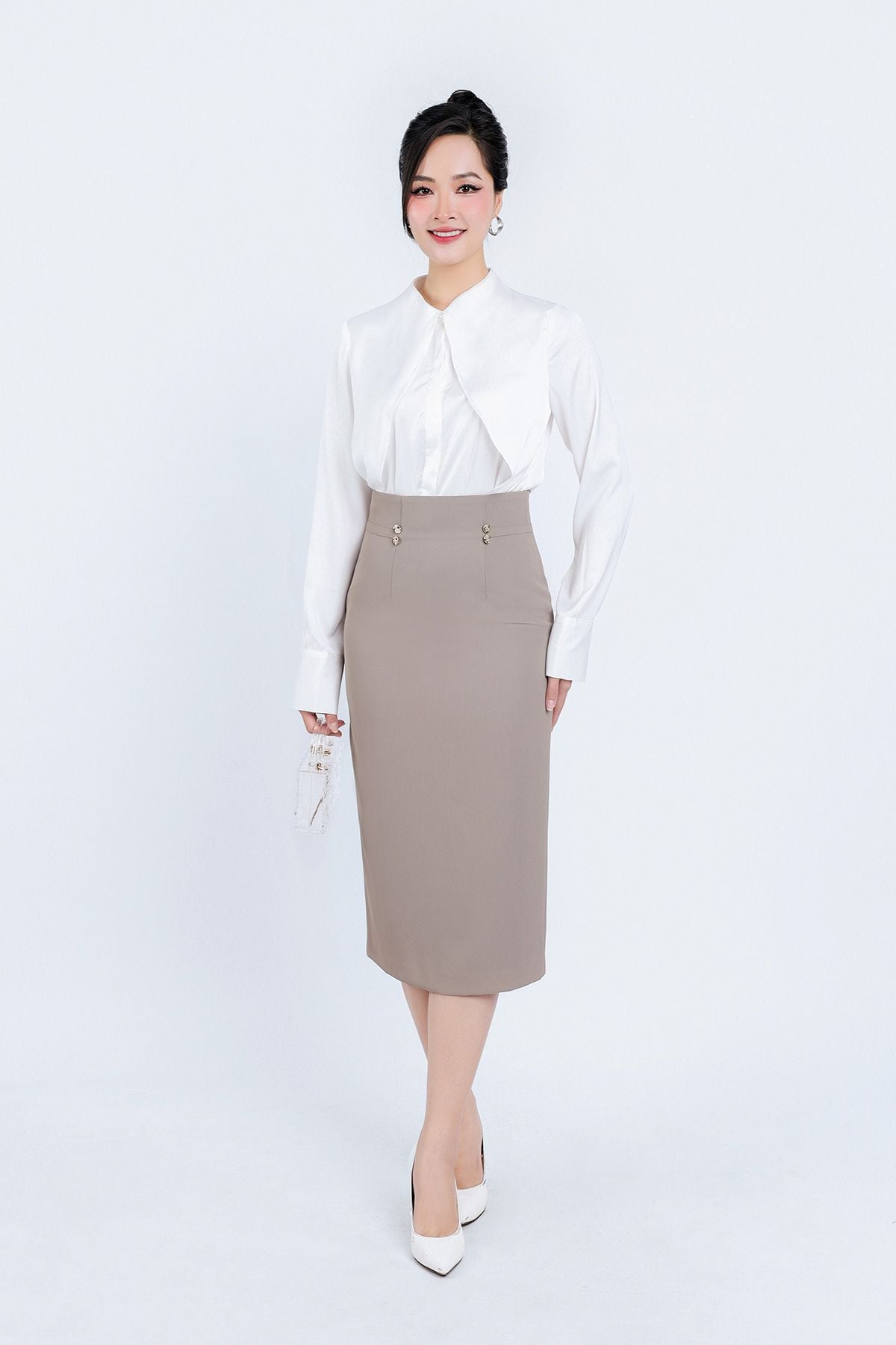 FJD51188 - Chân váy công sở vải thô dáng bút chì thân đính khuy kim loại trang trí khoá thân sau - PANTIO