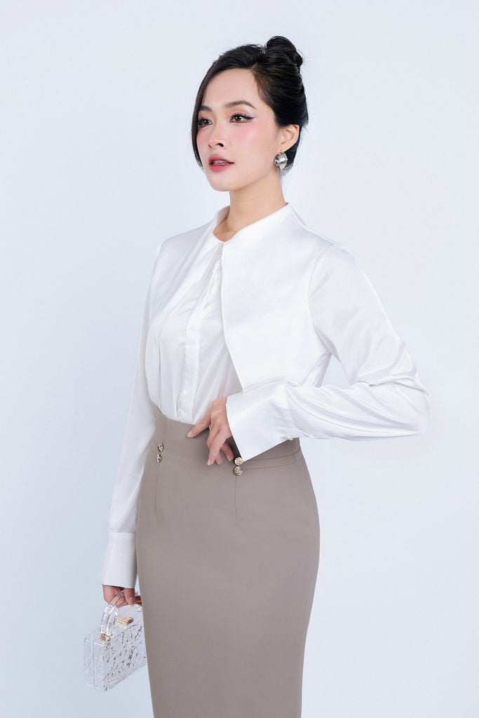 FJD51188 - Chân váy công sở vải thô dáng bút chì thân đính khuy kim loại trang trí khoá thân sau - PANTIO