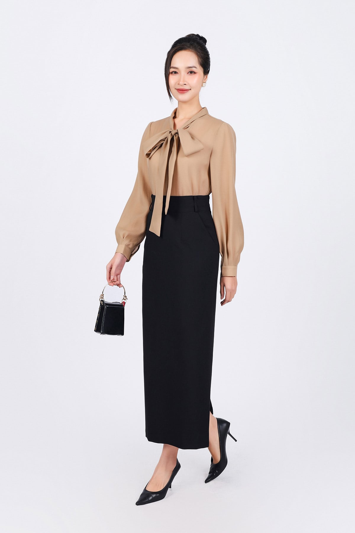 FAS73799 - Áo sơ mi công sở vải tơ dáng suông cổ phối dây nơ tạo kiểu - PANTIO