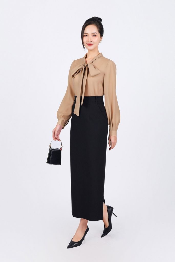 FAS73799 - Áo sơ mi công sở vải tơ dáng suông cổ phối dây nơ tạo kiểu - PANTIO