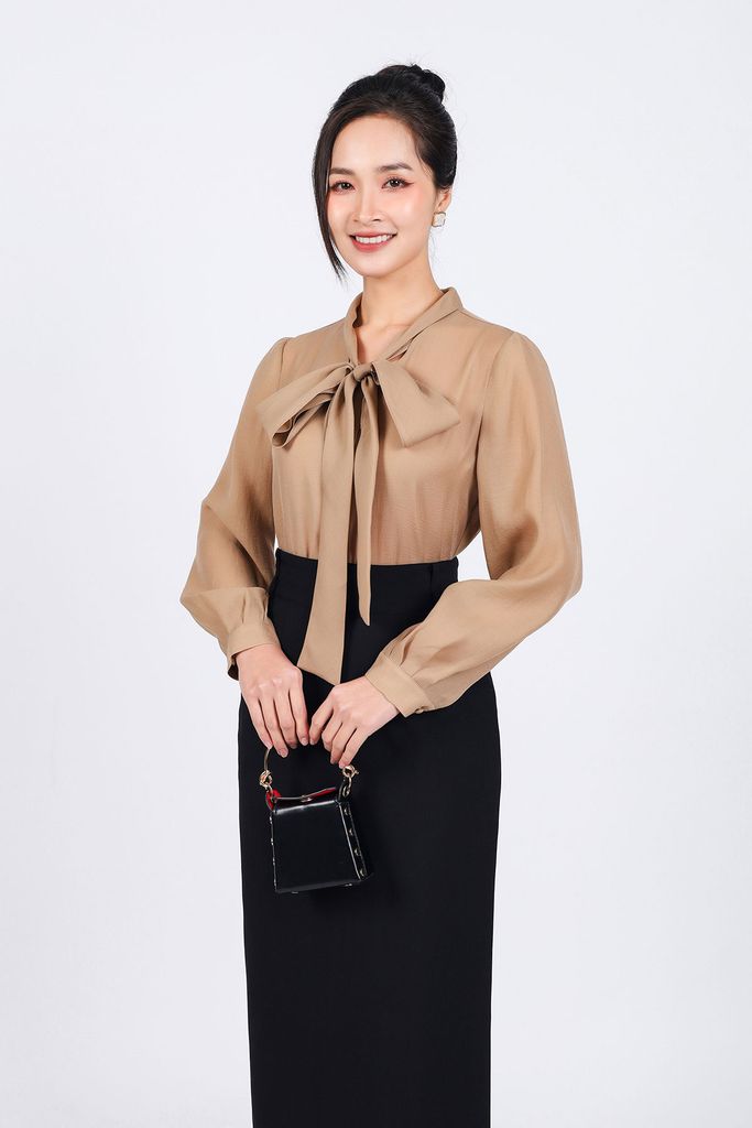 FAS73799 - Áo sơ mi công sở vải tơ dáng suông cổ phối dây nơ tạo kiểu - PANTIO