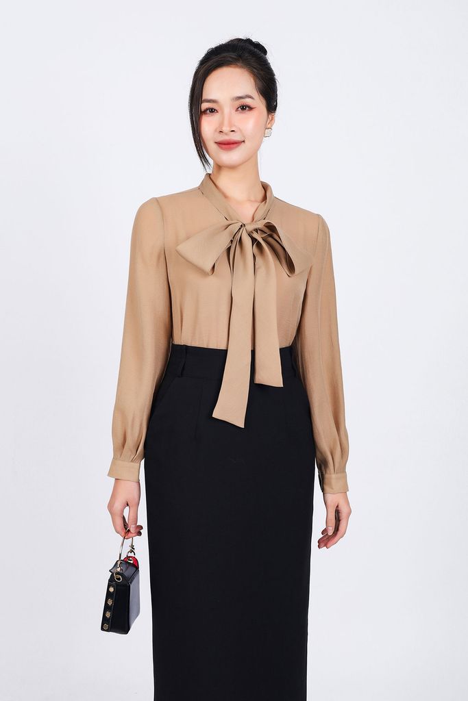 FAS73799 - Áo sơ mi công sở vải tơ dáng suông cổ phối dây nơ tạo kiểu - PANTIO