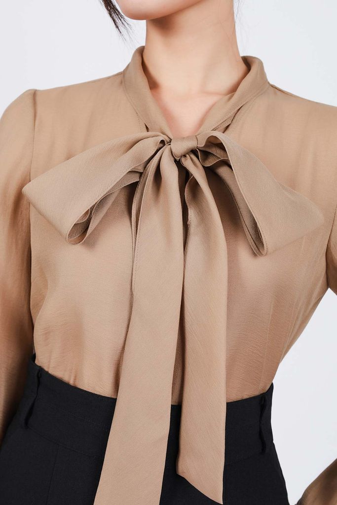 FAS73799 - Áo sơ mi công sở vải tơ dáng suông cổ phối dây nơ tạo kiểu - PANTIO