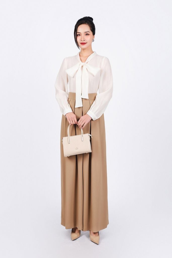 FAS73799 - Áo sơ mi công sở vải tơ dáng suông cổ phối dây nơ tạo kiểu - PANTIO